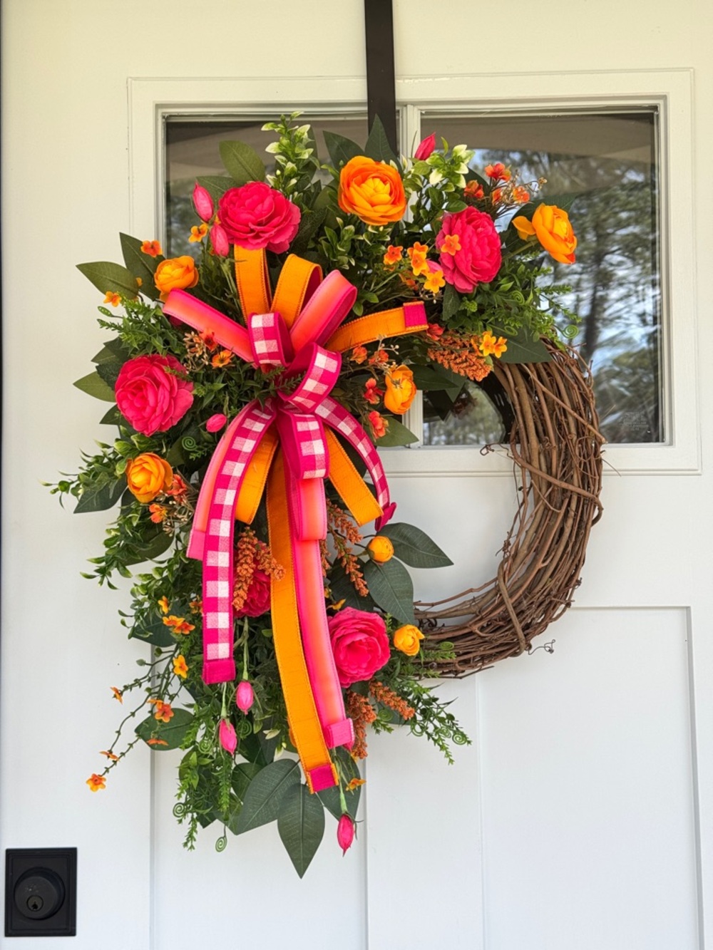 Handcrafted Pink & Orange Spring Floral Grapevine Wreath